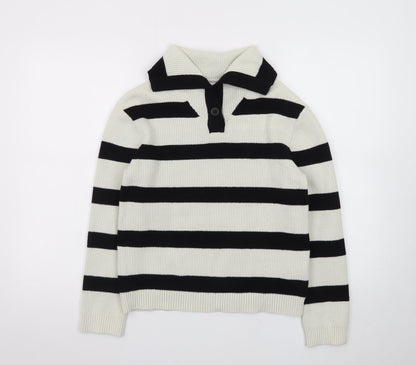 Zara Teens Black White Striped Collared Henley Knit Jumper XS