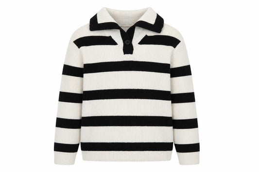 Front view of Zara Teens Black White Striped Collared Henley Knit Jumper XS