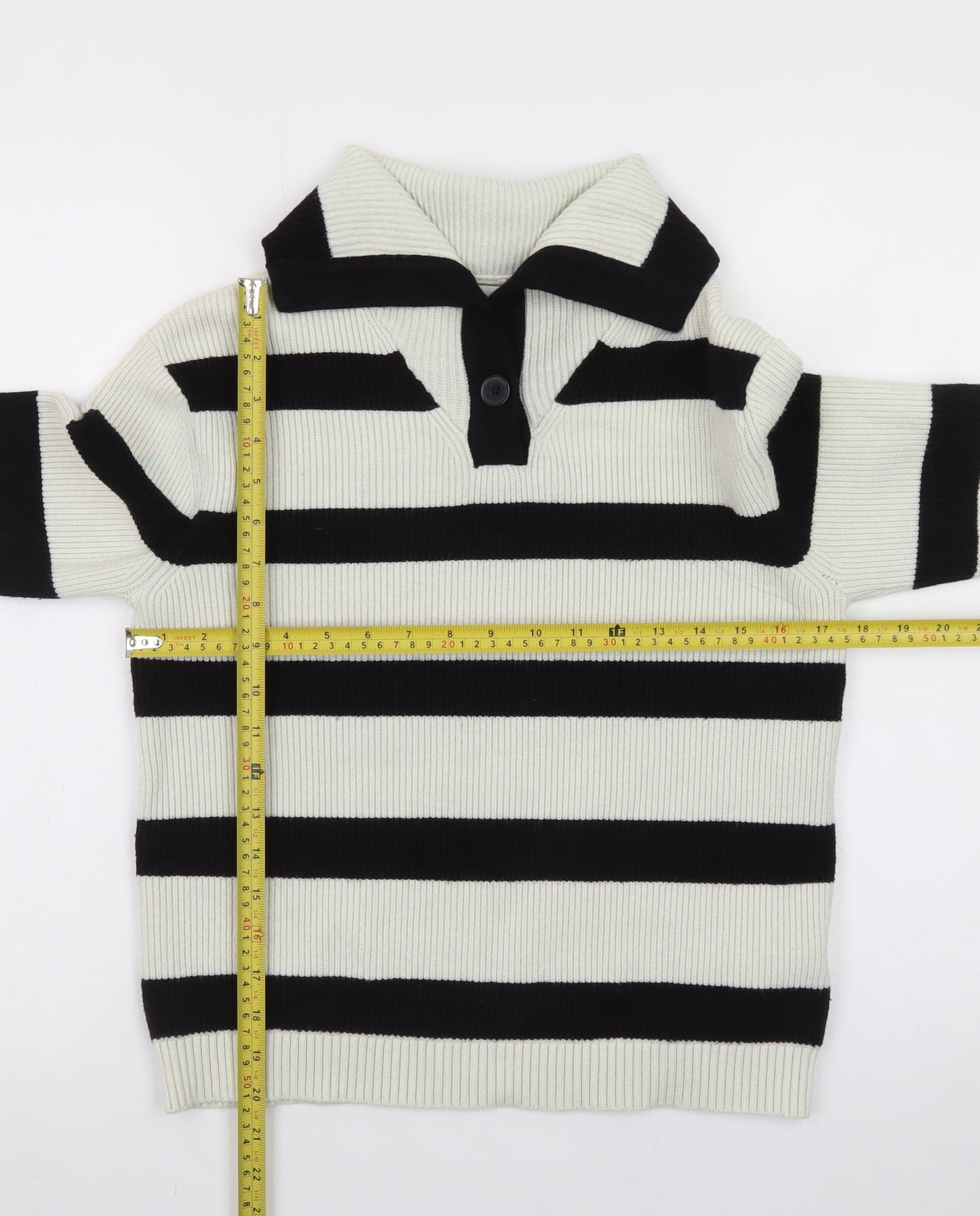 Zara Teens Black White Striped Collared Henley Knit Jumper XS
