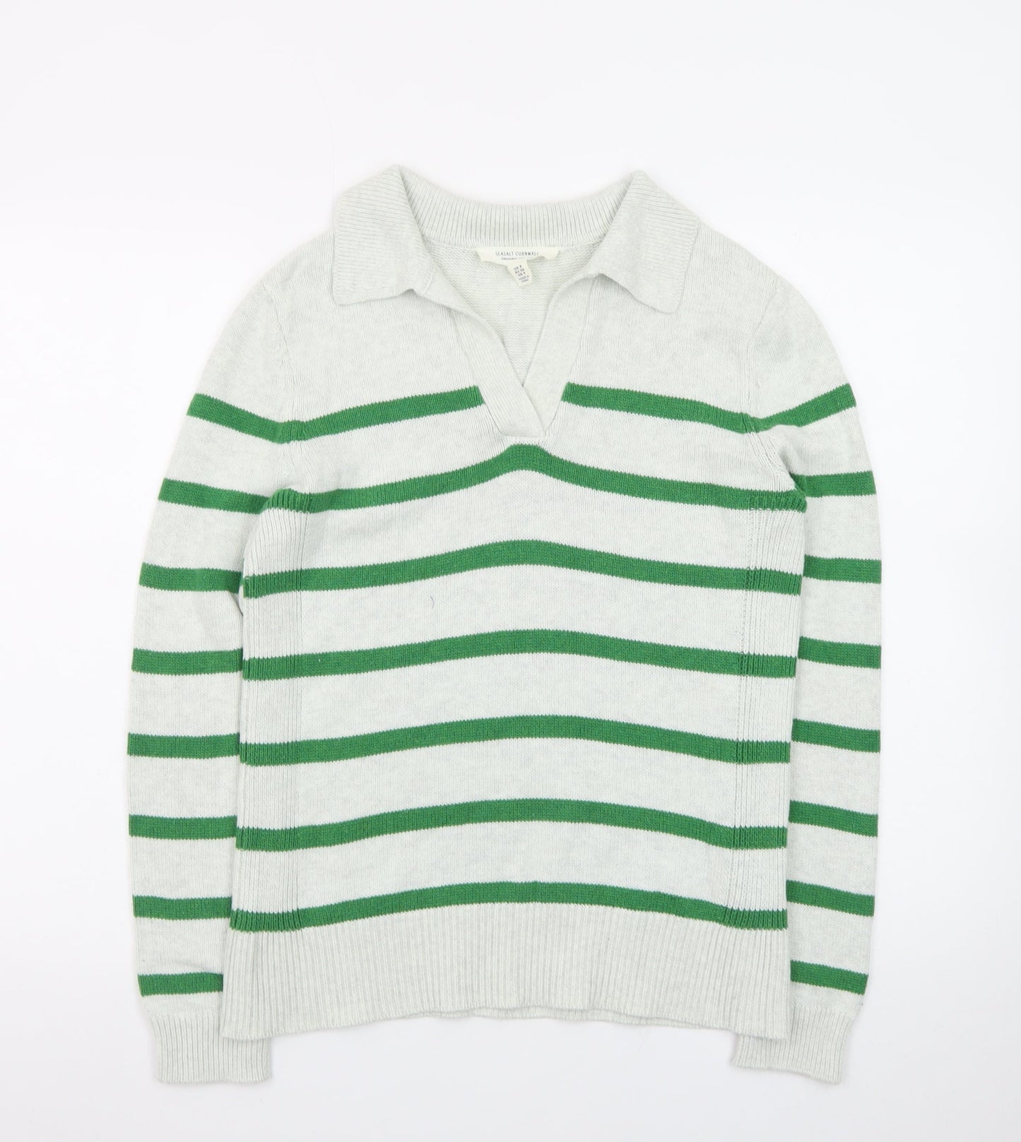 Seasalt Cornwall Women’s Green Striped Organic Cotton Collared Jumper Size 8