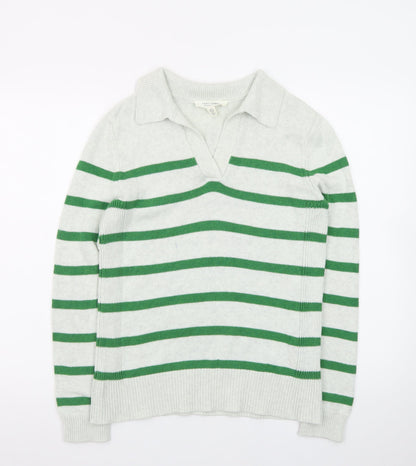 Seasalt Cornwall Women’s Green Striped Organic Cotton Collared Jumper Size 8