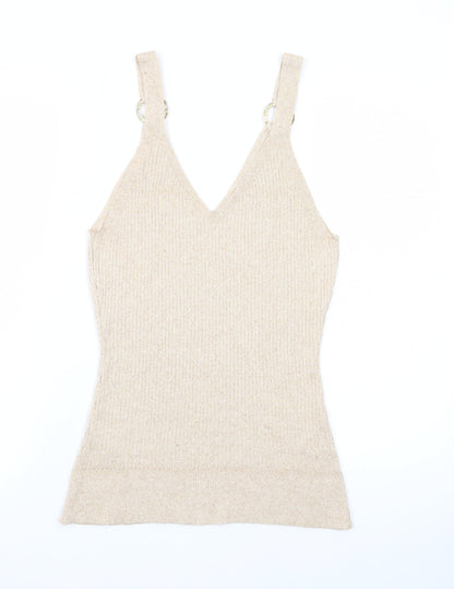 River Island Women’s Beige Knit Metallic V-Neck Camisole Tank Top Size 16