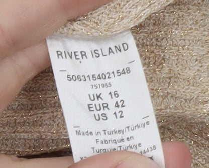 River Island Women’s Beige Knit Metallic V-Neck Camisole Tank Top Size 16