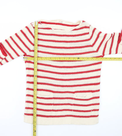 White Stuff Women's Beige Red Striped Linen Blend Jumper UK 10