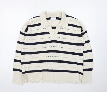 Hobbs Women’s Ivory Navy Striped Collared Knit Jumper Size M