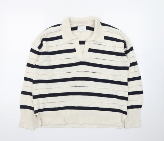 Hobbs Women’s Ivory Navy Striped Collared Knit Jumper Size M