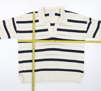 Hobbs Women’s Ivory Navy Striped Collared Knit Jumper Size M