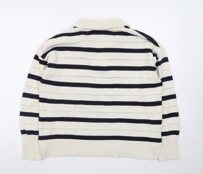 Hobbs Women’s Ivory Navy Striped Collared Knit Jumper Size M