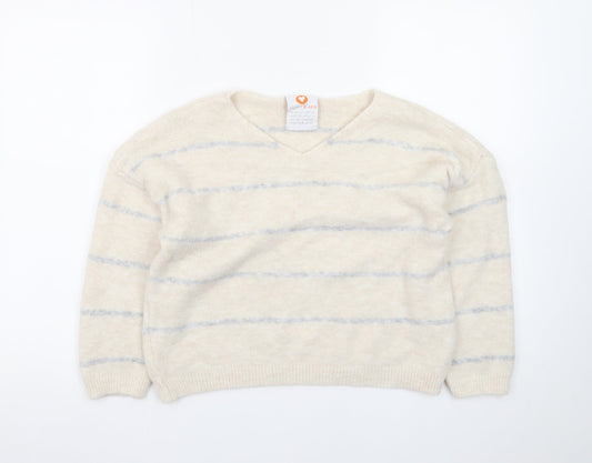 HeartKiss Women Beige Striped V-Neck Jumper L Acrylic Blend