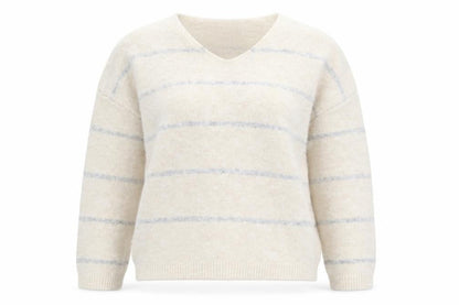 HeartKiss Women Beige Striped V-Neck Jumper L Acrylic Blend