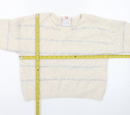 HeartKiss Women Beige Striped V-Neck Jumper L Acrylic Blend
