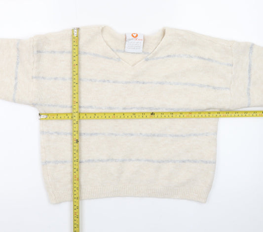 HeartKiss Women Beige Striped V-Neck Jumper L Acrylic Blend