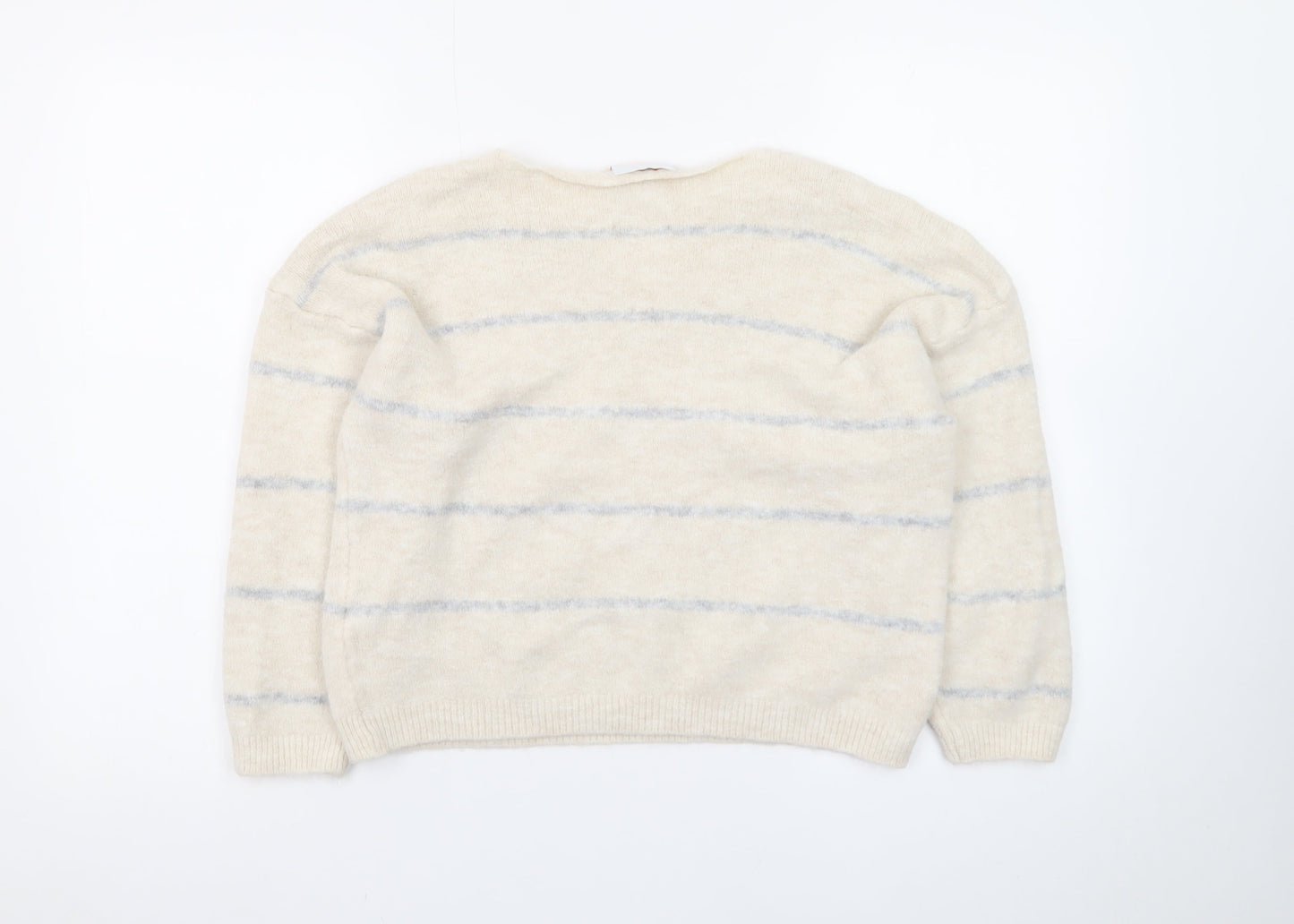 HeartKiss Women Beige Striped V-Neck Jumper L Acrylic Blend