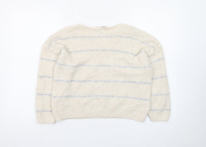 HeartKiss Women Beige Striped V-Neck Jumper L Acrylic Blend