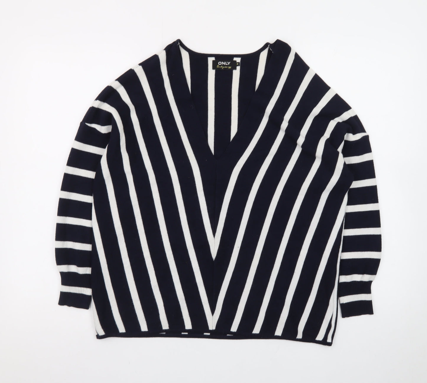 ONLY Women's Navy Blue Striped V-Neck Knit Jumper Size M