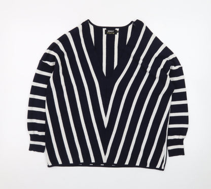 ONLY Women's Navy Blue Striped V-Neck Knit Jumper Size M