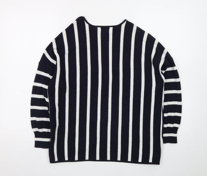 ONLY Women's Navy Blue Striped V-Neck Knit Jumper Size M