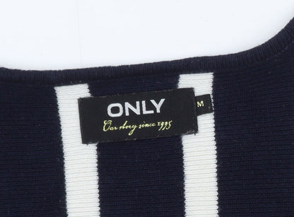 ONLY Women's Navy Blue Striped V-Neck Knit Jumper Size M