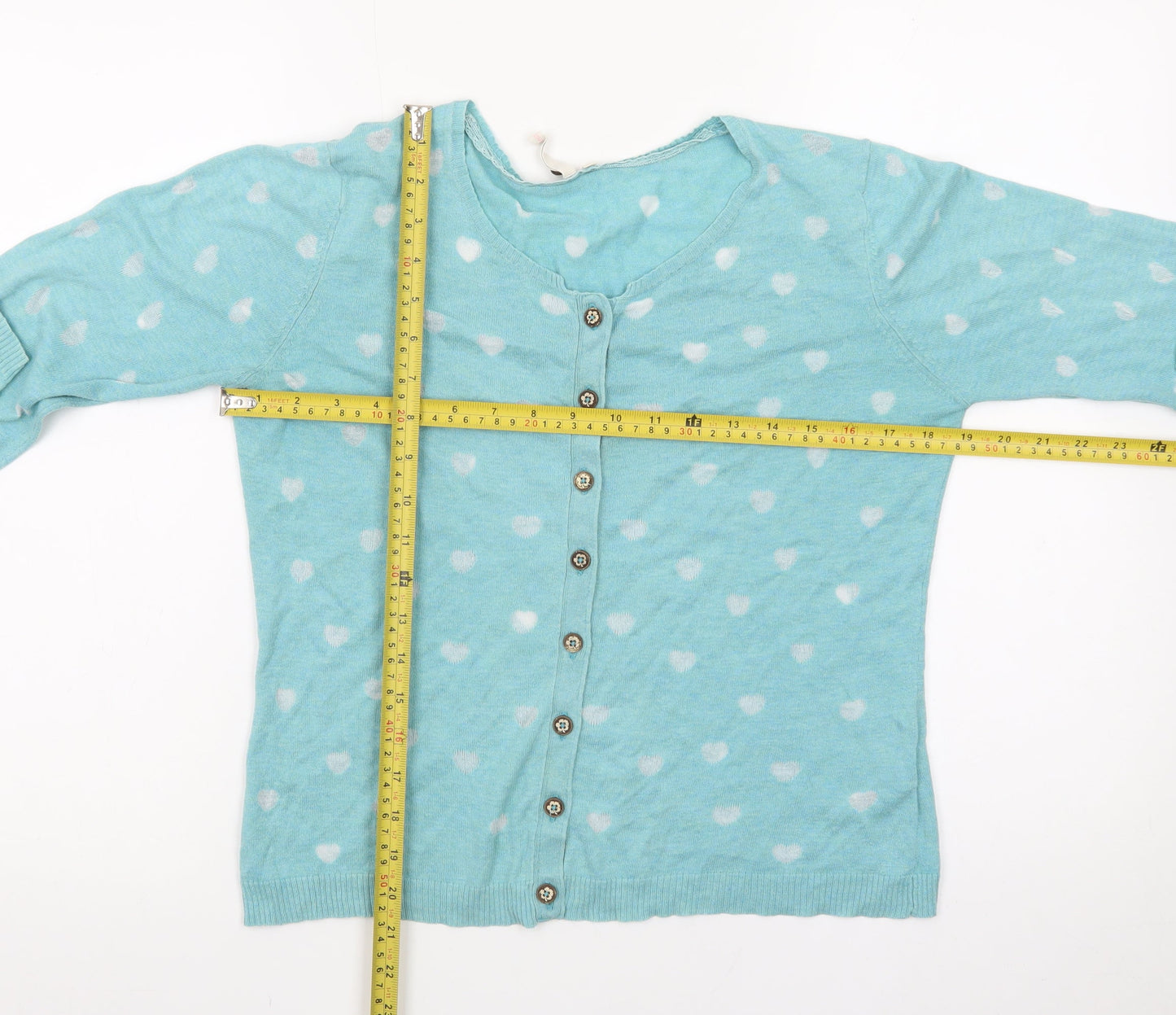 White Stuff Women's Blue Heart Print Button Cardigan Size 12