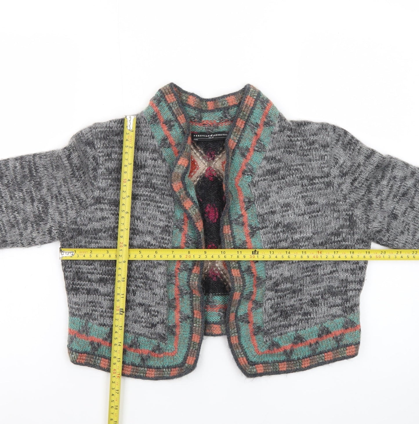 Peruvian Connection Women’s Grey Alpaca Wool Geometric Knit Cardigan M