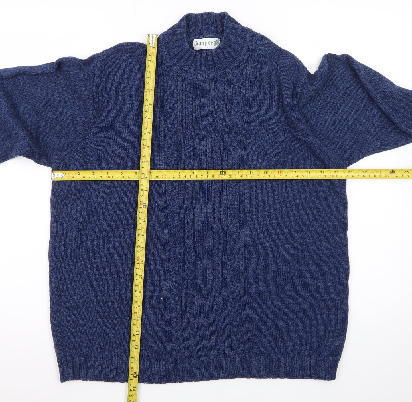 Jumper Blue Men's L Cable Knit Cotton Crew Neck Pullover