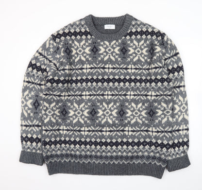 EASY Men's Grey Fair Isle Wool Blend Crew Neck Jumper XL