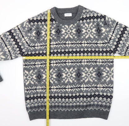 EASY Men's Grey Fair Isle Wool Blend Crew Neck Jumper XL