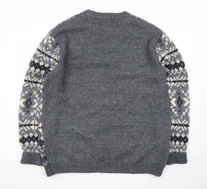 EASY Men's Grey Fair Isle Wool Blend Crew Neck Jumper XL