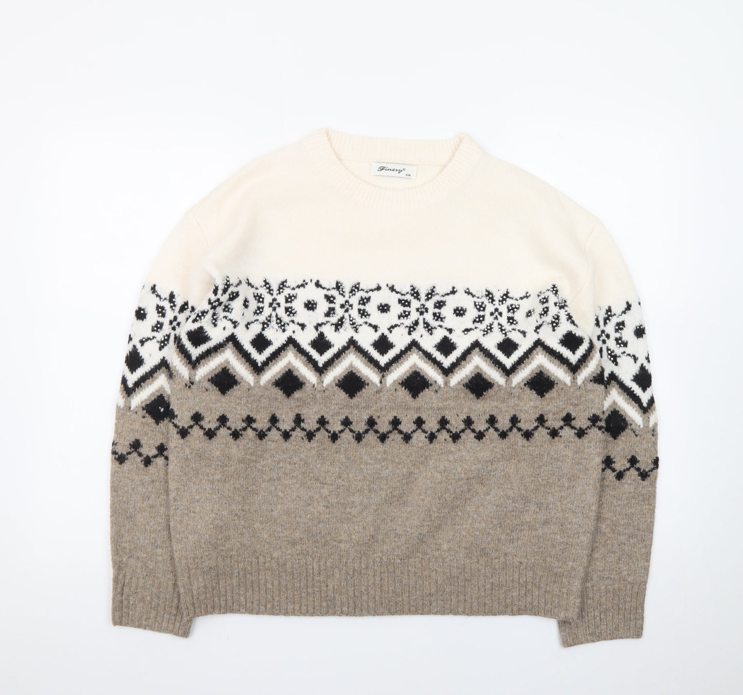 Finery Women Beige Fair Isle Knit Jumper Size S/M Crew Neck Winter