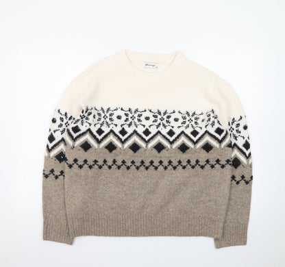 Finery Women Beige Fair Isle Knit Jumper Size S/M Crew Neck Winter