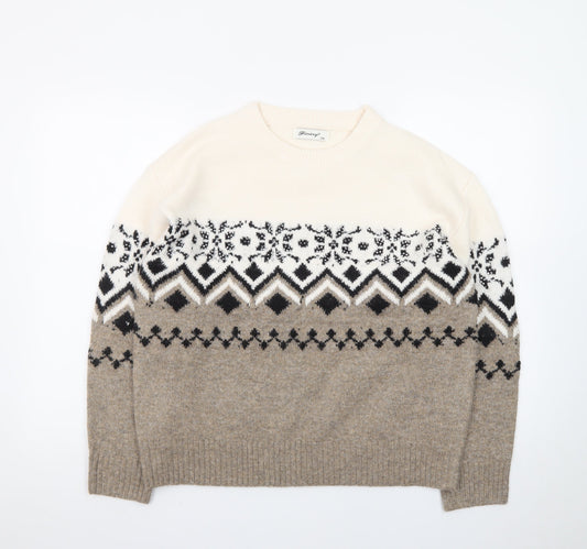 Finery Women Beige Fair Isle Knit Jumper Size S/M Crew Neck Winter
