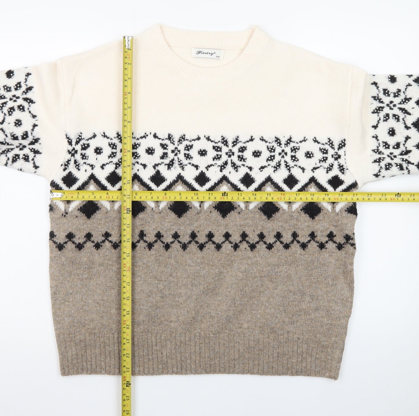 Finery Women Beige Fair Isle Knit Jumper Size S/M Crew Neck Winter