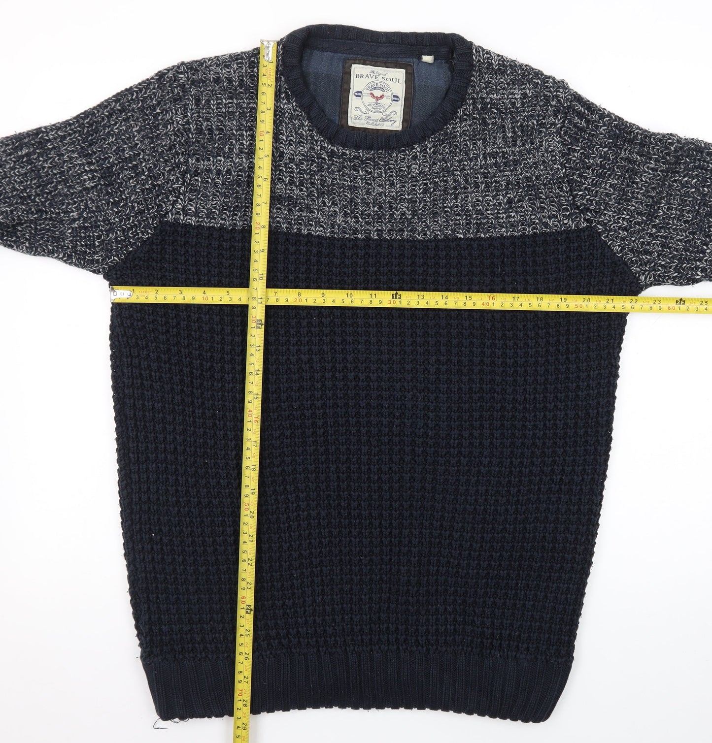 Brave Soul Mens Blue Waffle-Knit Crew Neck Jumper Size L