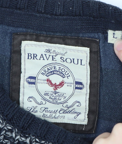 Brave Soul Mens Blue Waffle-Knit Crew Neck Jumper Size L
