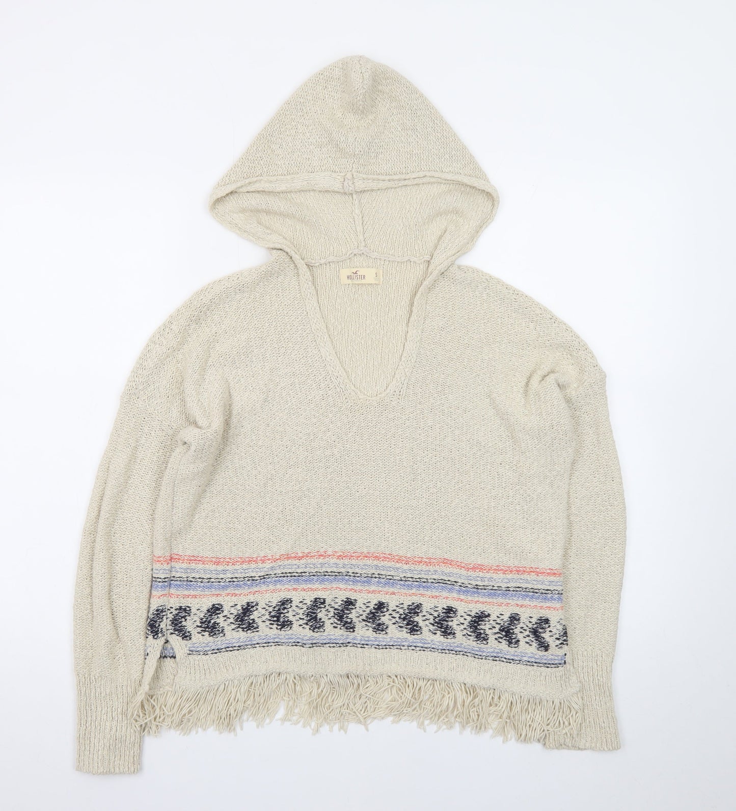 Hollister Women Beige Hooded Pullover Jumper S Cotton Fringe Knit