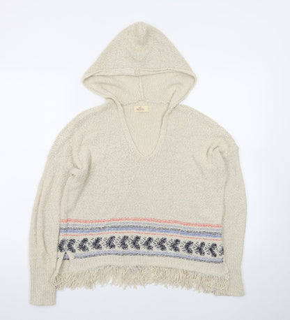 Hollister Women Beige Hooded Pullover Jumper S Cotton Fringe Knit
