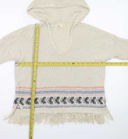 Hollister Women Beige Hooded Pullover Jumper S Cotton Fringe Knit