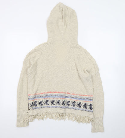 Hollister Women Beige Hooded Pullover Jumper S Cotton Fringe Knit