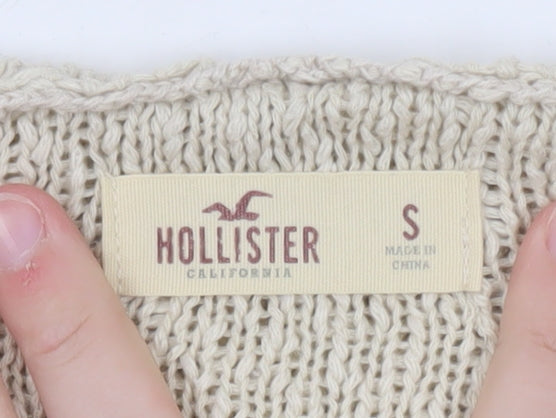 Hollister Women Beige Hooded Pullover Jumper S Cotton Fringe Knit