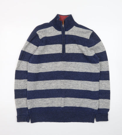 Jack Russell Men’s Blue Grey Striped 1/2 Zip Wool Jumper M