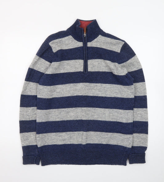 Jack Russell Men’s Blue Grey Striped 1/2 Zip Wool Jumper M