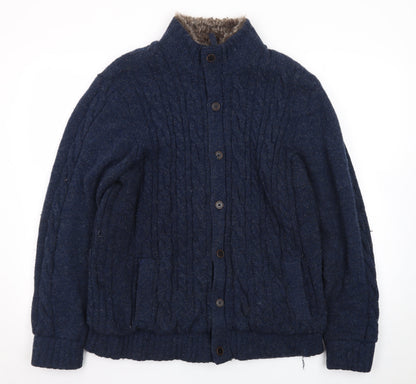 Morley Men's Blue Wool Cable Knit Fur Lined Button Cardigan L