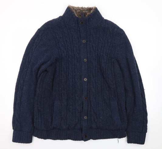 Morley Men's Blue Wool Cable Knit Fur Lined Button Cardigan L
