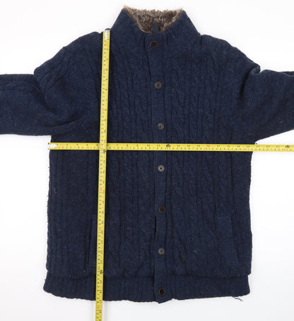 Morley Men's Blue Wool Cable Knit Fur Lined Button Cardigan L