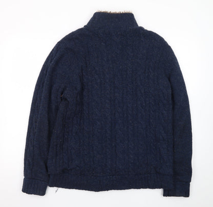 Morley Men's Blue Wool Cable Knit Fur Lined Button Cardigan L