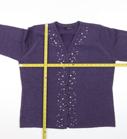 Bm Womens Purple Beaded V-Neck Cardigan Size M Acrylic Knit