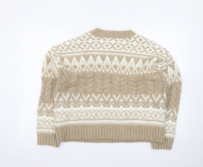 Apricot Womens Beige Fair Isle Cable-Knit Jumper UK 14 L Winter Pullover