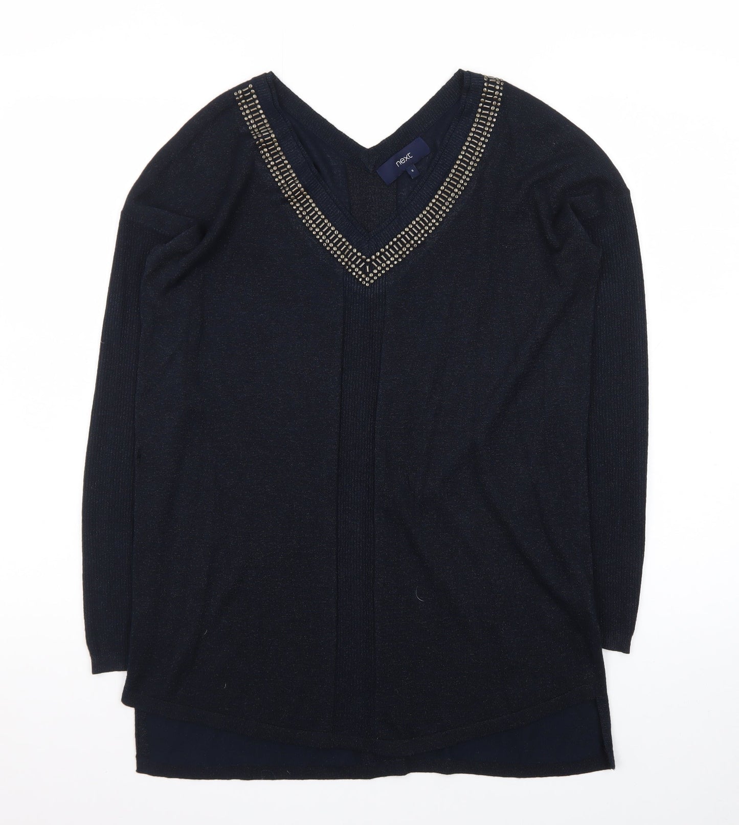 Next Womens Black Beaded V-Neck Long Sleeve Knit Jumper Size 8