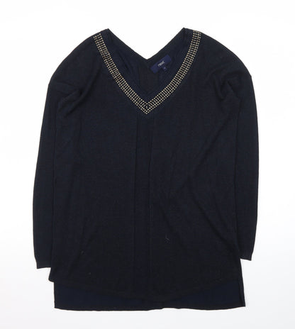Next Womens Black Beaded V-Neck Long Sleeve Knit Jumper Size 8