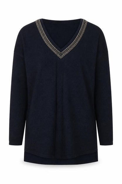 Next Womens Black Beaded V-Neck Long Sleeve Knit Jumper Size 8